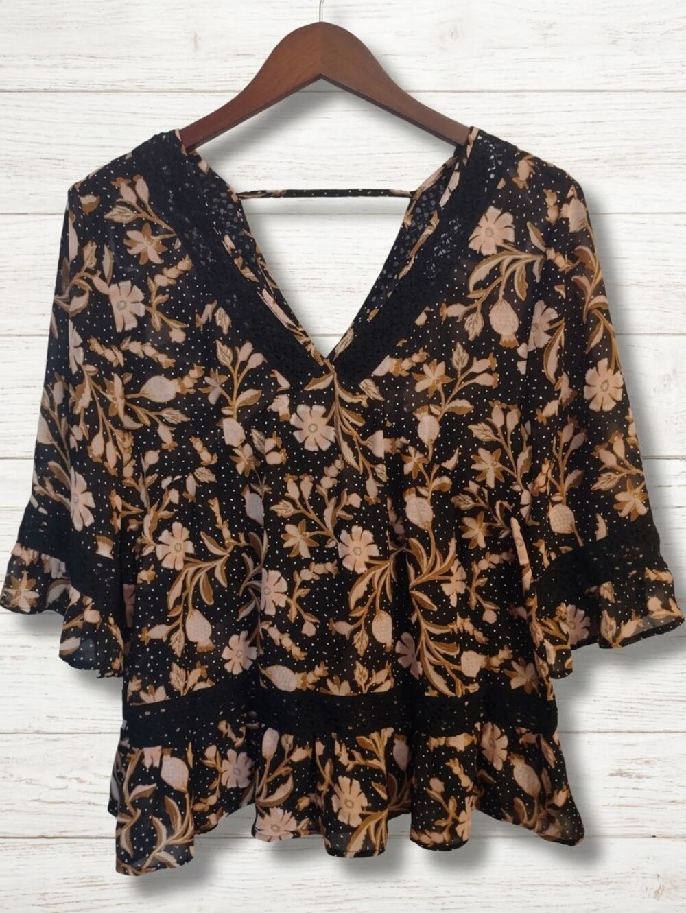 DR2 Floral Dot V-Neck Lace Trim Bell Sleeve Peplum Top - Size M